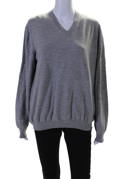 Malo Womens Wool V-neck Long Sleeve Ribbed Knit Sweater Gray Size EUR 56