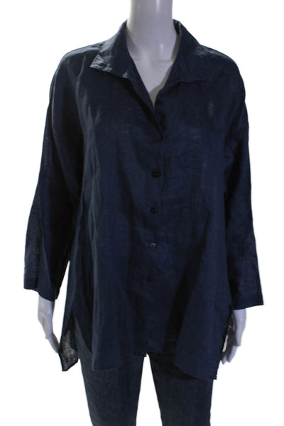 Stella Carakasi Womens Collar Long Sleeve Button Up Textured Blouse Navy Size XS