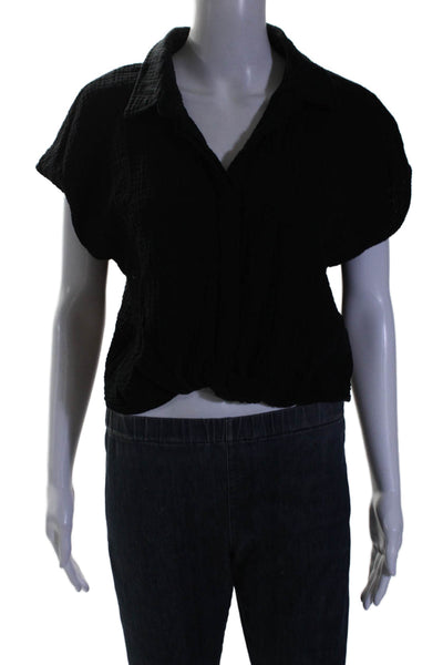 Monrow Womens Cotton Textured Sleeveless Tie Front Crop Top Black Size XL