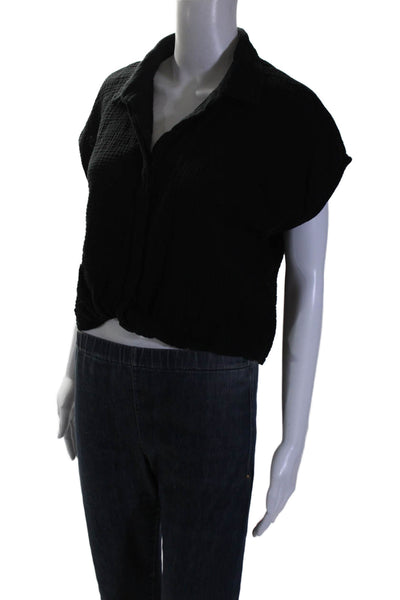 Monrow Womens Cotton Textured Sleeveless Tie Front Crop Top Black Size XL