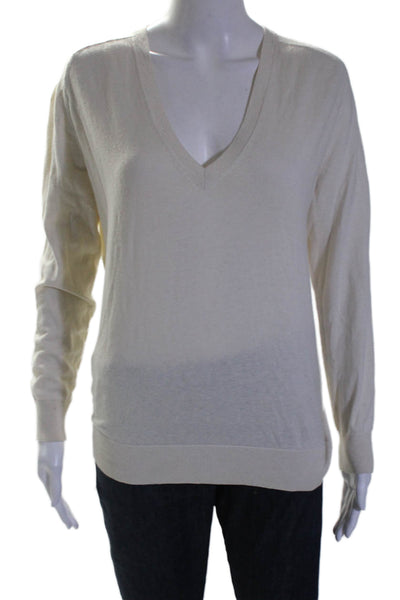 Theory Women's V-Neck Long Sleeves Ribbed Hem Pullover Sweater Cream Size S