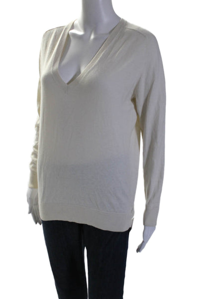 Theory Women's V-Neck Long Sleeves Ribbed Hem Pullover Sweater Cream Size S