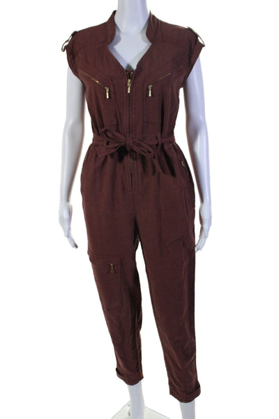 Anthropologie Womens Brown Cotton Zip Front Belt Sleeveless Overalls Size XS