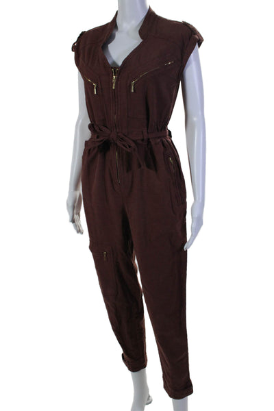 Anthropologie Womens Brown Cotton Zip Front Belt Sleeveless Overalls Size XS