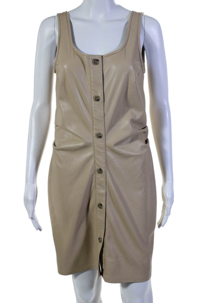 Nanushka Womens Light Brown Vegan Leather Ruched Scoop Neck Shift Dress Size M