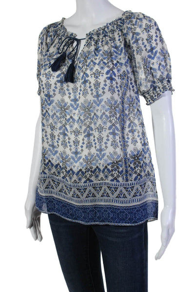 Joie Womens Short Sleeve Keyhole Abstract Silk Top White Blue Size Small