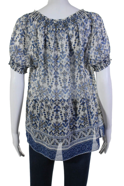 Joie Womens Short Sleeve Keyhole Abstract Silk Top White Blue Size Small