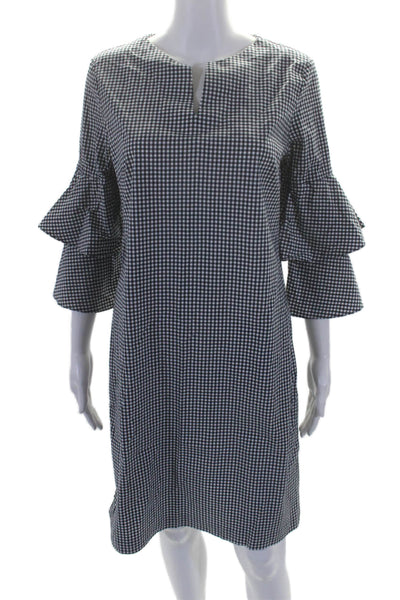 J. Mclaughlin Womens Cotton Bell Sleeve V-neck Grid Print Dress Black Size L