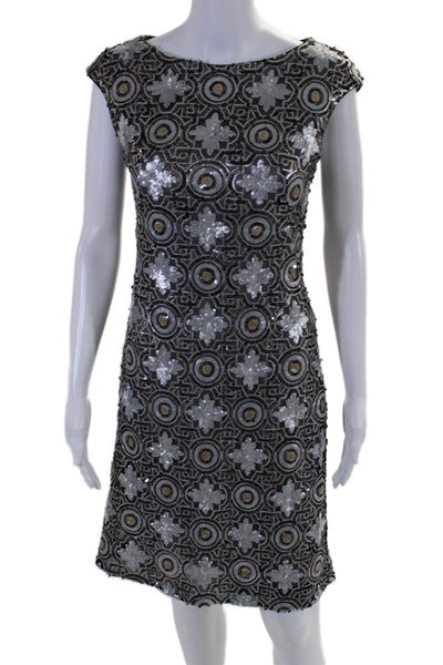 Sue Wong Womens Side Zip Sleeveless Boat Neck Sequin Mesh Dress Silver Size 2