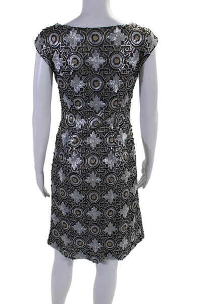 Sue Wong Womens Side Zip Sleeveless Boat Neck Sequin Mesh Dress Silver Size 2