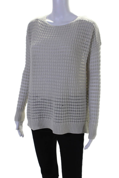 Theory Womens Long Sleeve Open Knit Scoop Neck Sweater White Wool Size Small