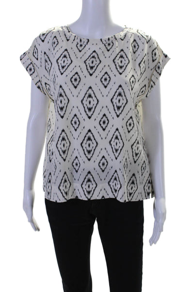 Theory Womens Back Zip Scoop Neck Silk Ikat Top Blouse White Black Size Small