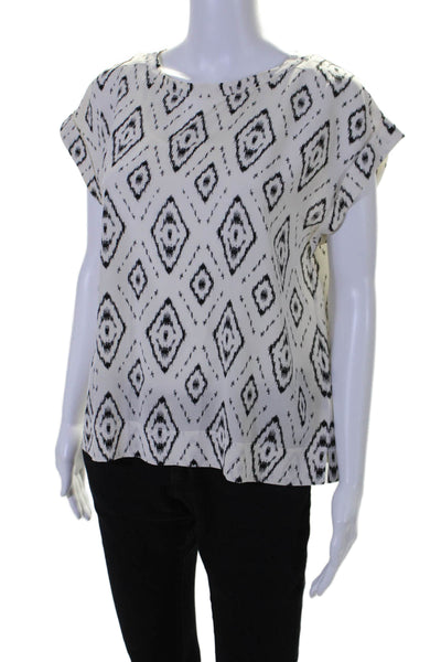 Theory Womens Back Zip Scoop Neck Silk Ikat Top Blouse White Black Size Small