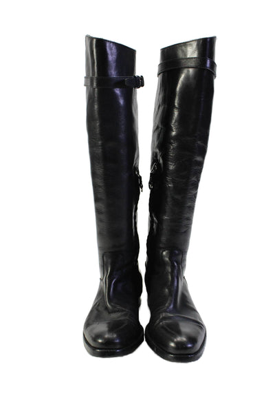 Heschung Womens Leather SIlver Toned Buckled Knee High Boots Black Size 5 1/2