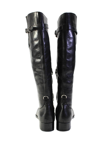 Heschung Womens Leather SIlver Toned Buckled Knee High Boots Black Size 5 1/2