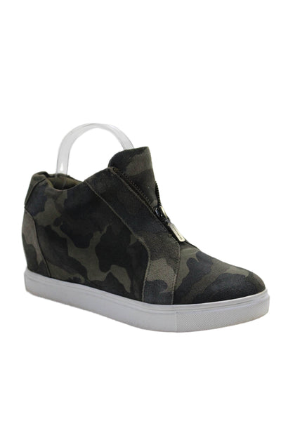 Blondo Womens Front Zip Camouflage High Top Sneakers Green Suede Size 6.5