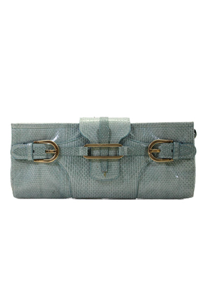 Jimmy Choo Womens Double Buckle Snakeskin Rectangular Clutch Handbag Green