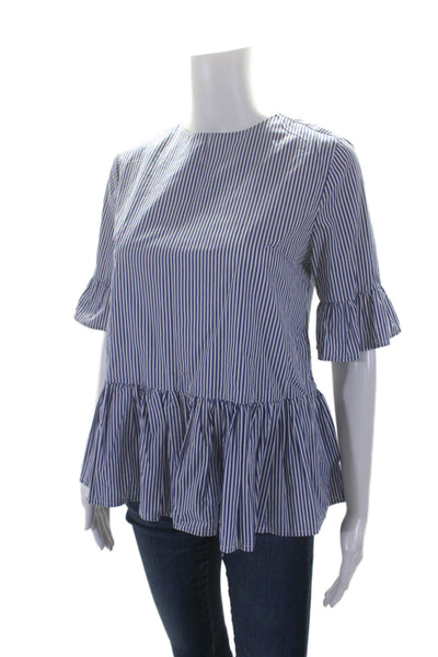 Birds of Paradis Womens Cotton Bell Sleeve Peplum Stripe Top Blue Size XS