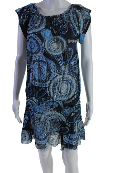 Pop Saint Barth Womens Abstract Embroidered Short Sleeve Mini Dress Blue Size S