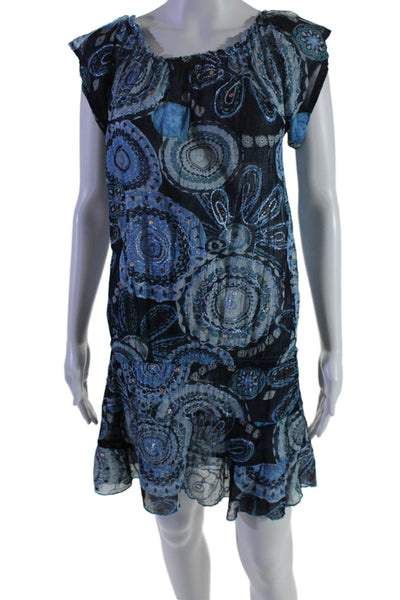 Pop Saint Barth Womens Abstract Embroidered Short Sleeve Mini Dress Blue Size S