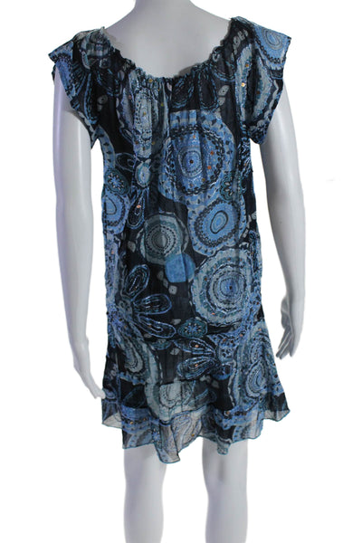 Pop Saint Barth Womens Abstract Embroidered Short Sleeve Mini Dress Blue Size S