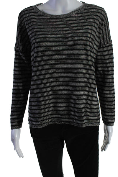 Eileen Fisher Womens Wool Long Sleeve Knit Striped Sweater Black Size S