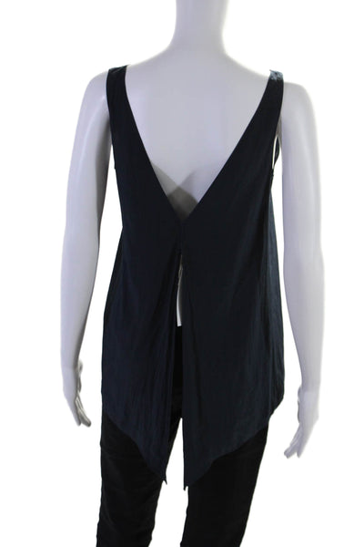 Ramy Brook Women's V-Neck Sleeveless Open Front Silk Blouse Navy Blue Size XS