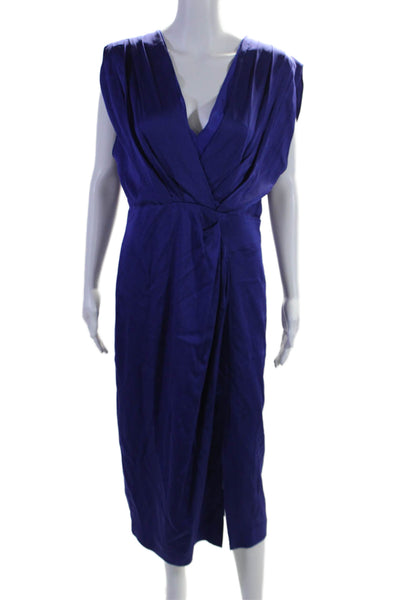 Reiss Womens V-Neck Back Cut-Out Sleeveless Pleated Zipped Gown Blue Size 10