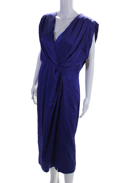 Reiss Womens V-Neck Back Cut-Out Sleeveless Pleated Zipped Gown Blue Size 10