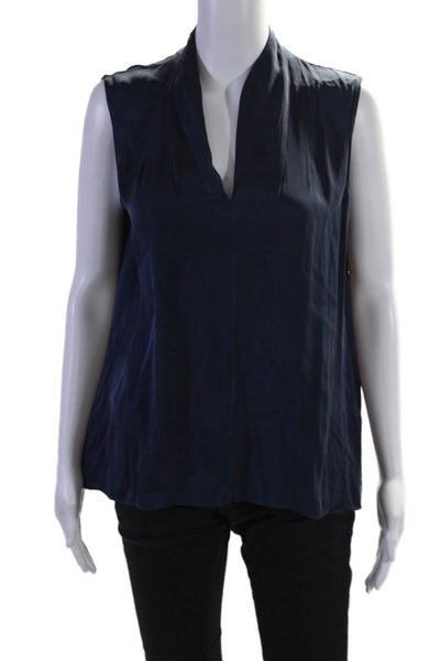 Elie Tahari Womens Silk V-Neck Sleeveless High Low Blouse Tank Top Navy Size M