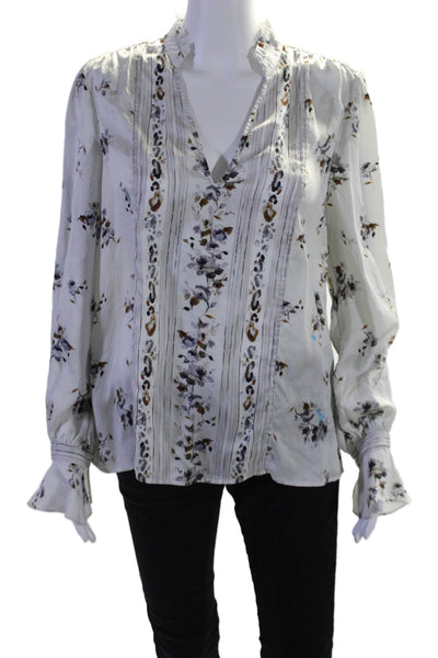 Go Silk Womens Silk Floral Striped Print Flounce Long Sleeve Blouse White Size L