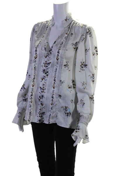 Go Silk Womens Silk Floral Striped Print Flounce Long Sleeve Blouse White Size L