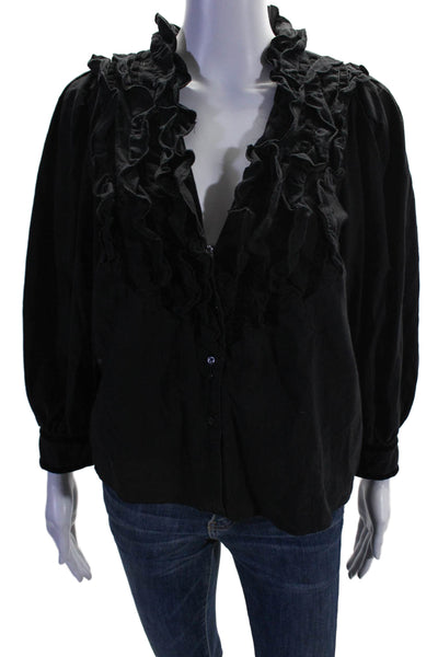 The Great Womens Cotton Ruffled Long Bubble Sleeved V Neck Blouse Black Size 0