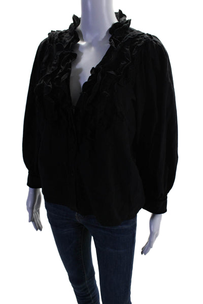 The Great Womens Cotton Ruffled Long Bubble Sleeved V Neck Blouse Black Size 0