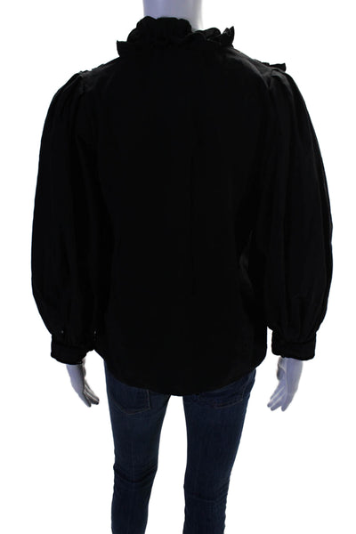 The Great Womens Cotton Ruffled Long Bubble Sleeved V Neck Blouse Black Size 0