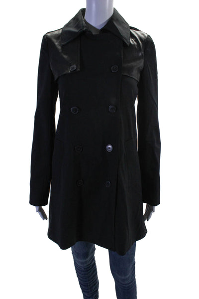 Theory Womens Leather Double Breasted Ingrid Chateau Coat Black Wool Size Petite