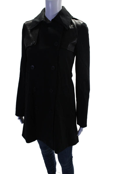 Theory Womens Leather Double Breasted Ingrid Chateau Coat Black Wool Size Petite