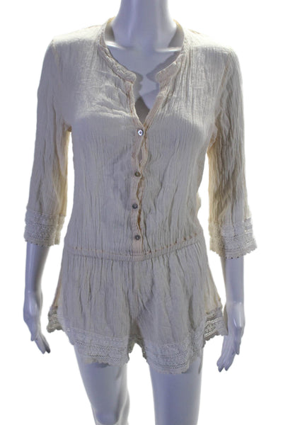 Eberjey Womens Cotton Round Neck Long Sleeve Button Up Romper Beige Size S