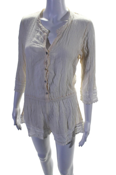 Eberjey Womens Cotton Round Neck Long Sleeve Button Up Romper Beige Size S