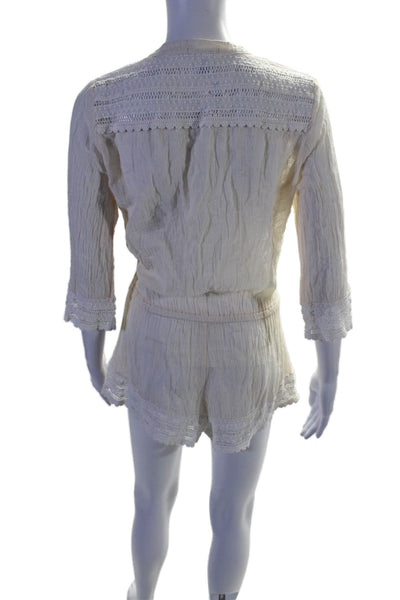 Eberjey Womens Cotton Round Neck Long Sleeve Button Up Romper Beige Size S