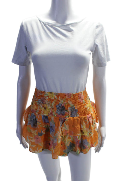 Amanda Uprichard Womens Floral Print Ruched Mini Skirt Orange Size XS