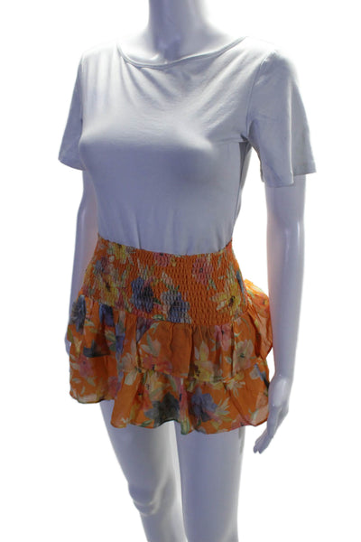 Amanda Uprichard Womens Floral Print Ruched Mini Skirt Orange Size XS