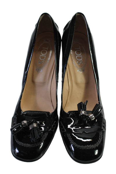 Tods Womens Patent Leather Silver Tone Tassel Slide On Pumps Black Size 39 9