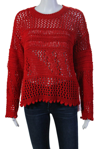 Zara Womens Long Sleeve Open Crochet Knit Crew Neck Sweater Red Size Small