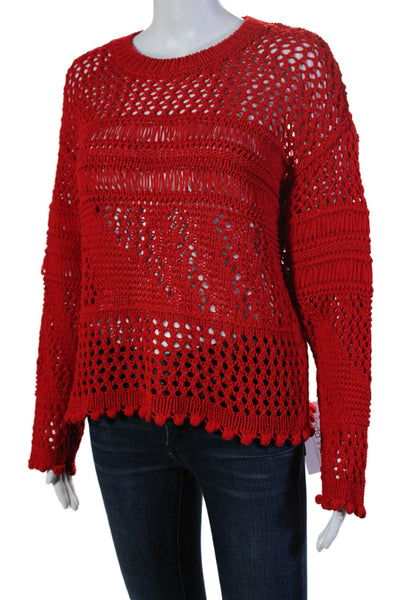 Zara Womens Long Sleeve Open Crochet Knit Crew Neck Sweater Red Size Small