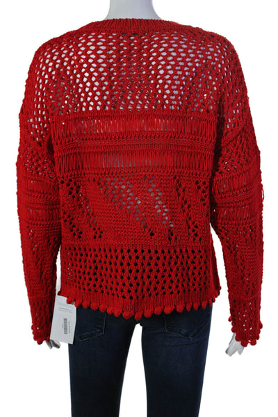 Zara Womens Long Sleeve Open Crochet Knit Crew Neck Sweater Red Size Small