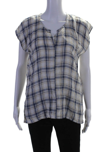 CP Shades Womens Short Sleeve V Neck Plaid Linen Top White Blue Size Small