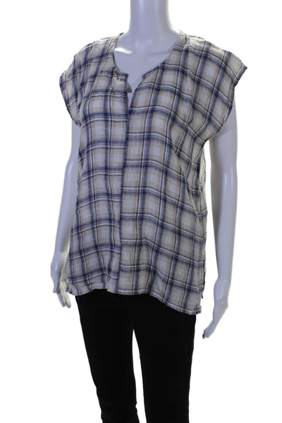 CP Shades Womens Short Sleeve V Neck Plaid Linen Top White Blue Size Small