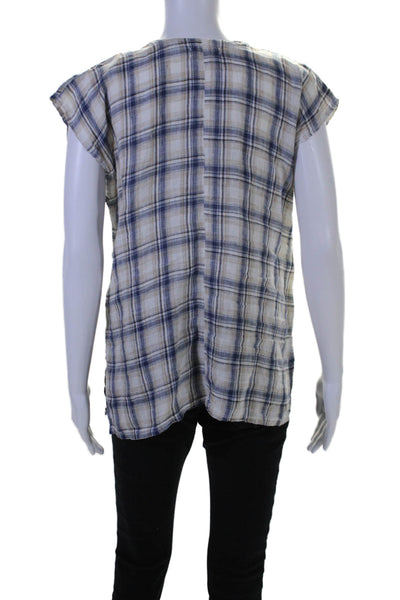 CP Shades Womens Short Sleeve V Neck Plaid Linen Top White Blue Size Small