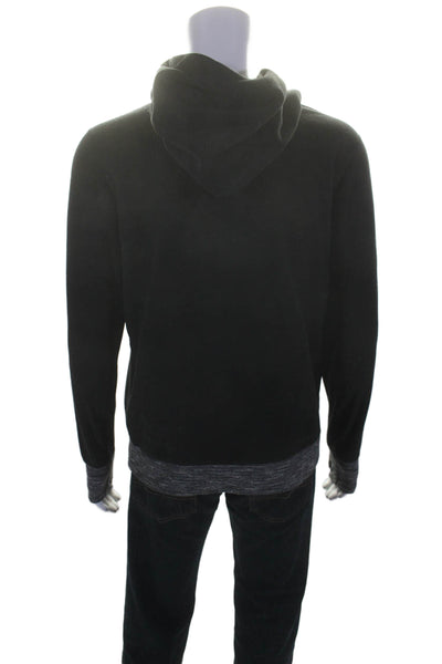 Fleece Long Sleeve Cross Neck Hooded Pullover Hoodie Black Size M